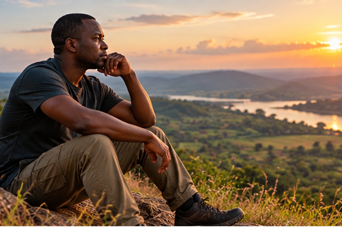 Adult reflecting peacefully over an African landscape during a period of personal reflection