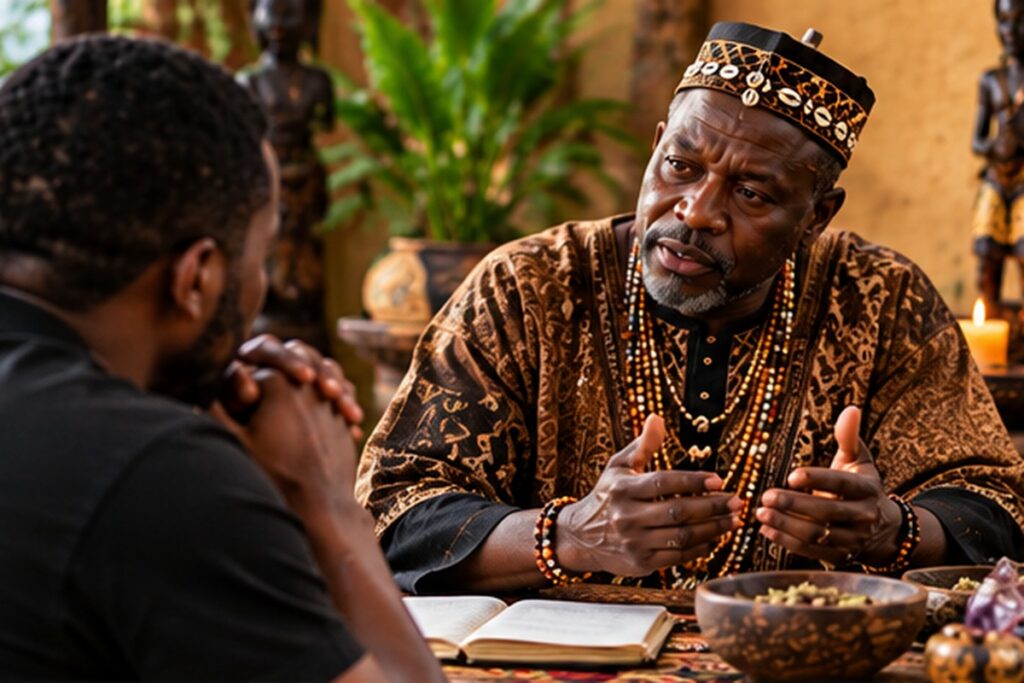 African spiritual practitioner listening to a client during a private spiritual guidance consultation